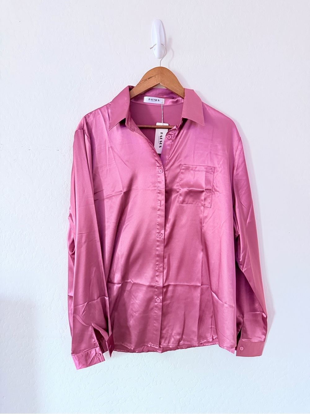 PAUSUS Women’s Satin Faux-Silk Button-Down Shirt - Pink NWT Collared Shirt